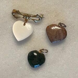 Bundle of 3. 2 Heart stone pendants and a Heart pin. VINTAGE